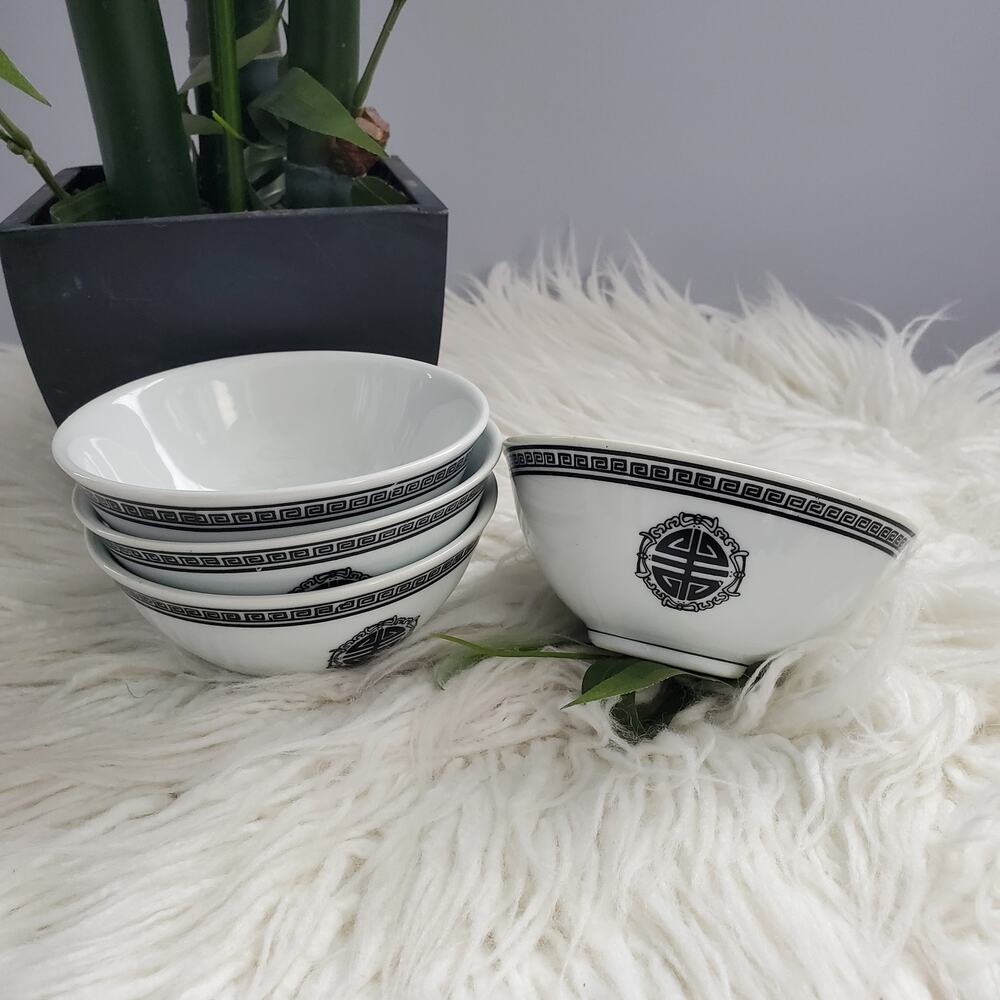 Vintage Chinese Black & White Ceramic Rice Bowl Set